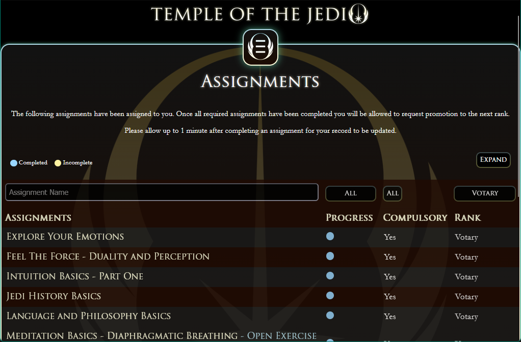 Temple of the Jedi student dashboard