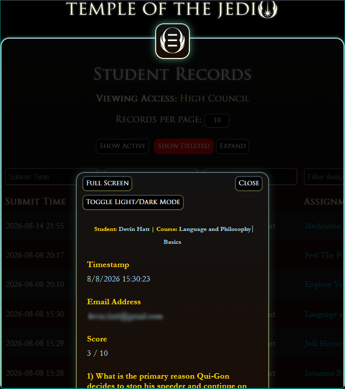 Example Temple of the Jedi student record