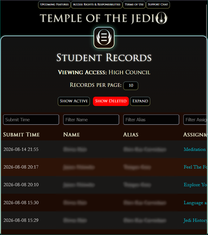 Temple of the Jedi Student Records overview